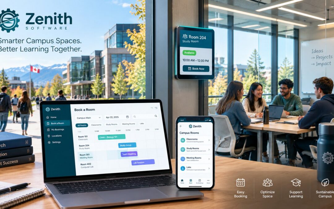 Campus room booking in Canada: students in a study room, a booking display by the door and Zenith on a laptop and phone