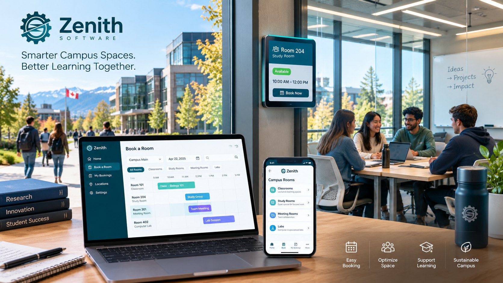 Campus room booking in Canada: students in a study room, a booking display by the door and Zenith on a laptop and phone