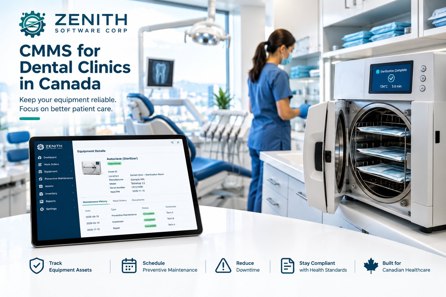 CMMS for dental clinics in Canada: a sterilizer in a dental clinic and its maintenance record in Zenith on a tablet