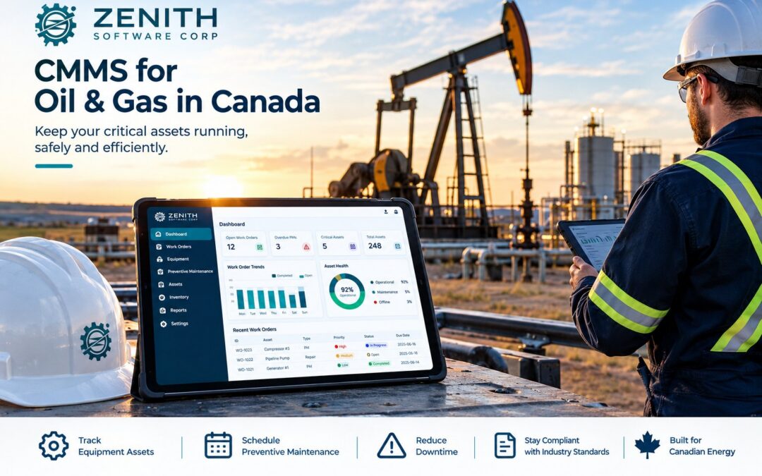 CMMS for oil and gas in Canada: a pumpjack and field technician, with the maintenance dashboard in Zenith on a tablet