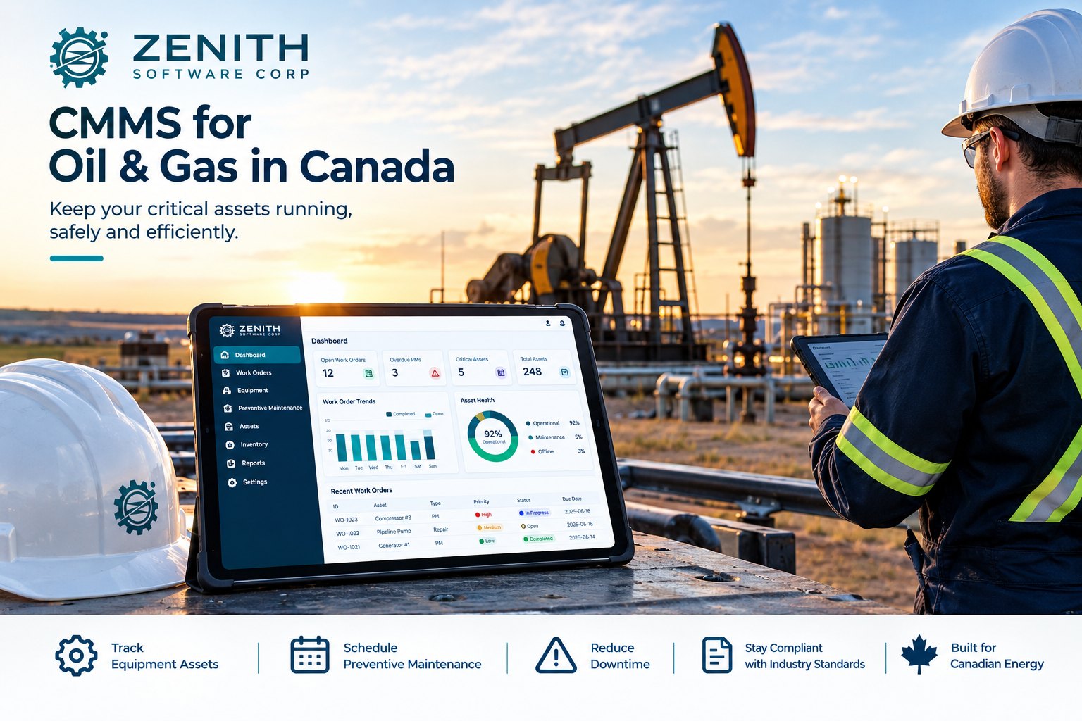 CMMS for oil and gas in Canada: a pumpjack and field technician, with the maintenance dashboard in Zenith on a tablet
