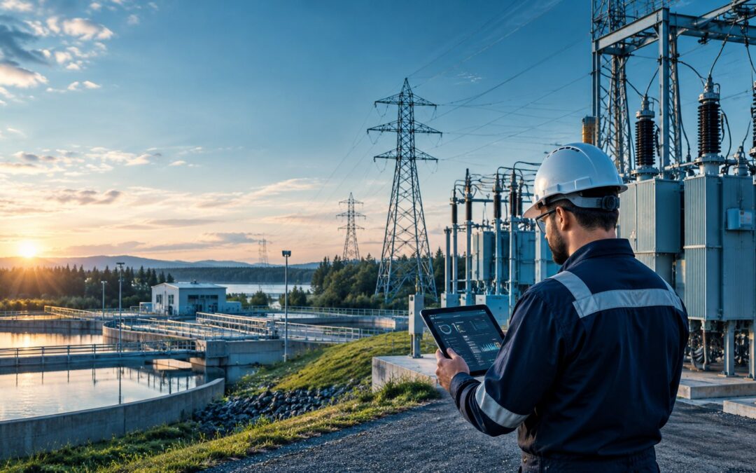 CMMS for utilities in Canada: a technician with a tablet at a substation beside a water treatment plant