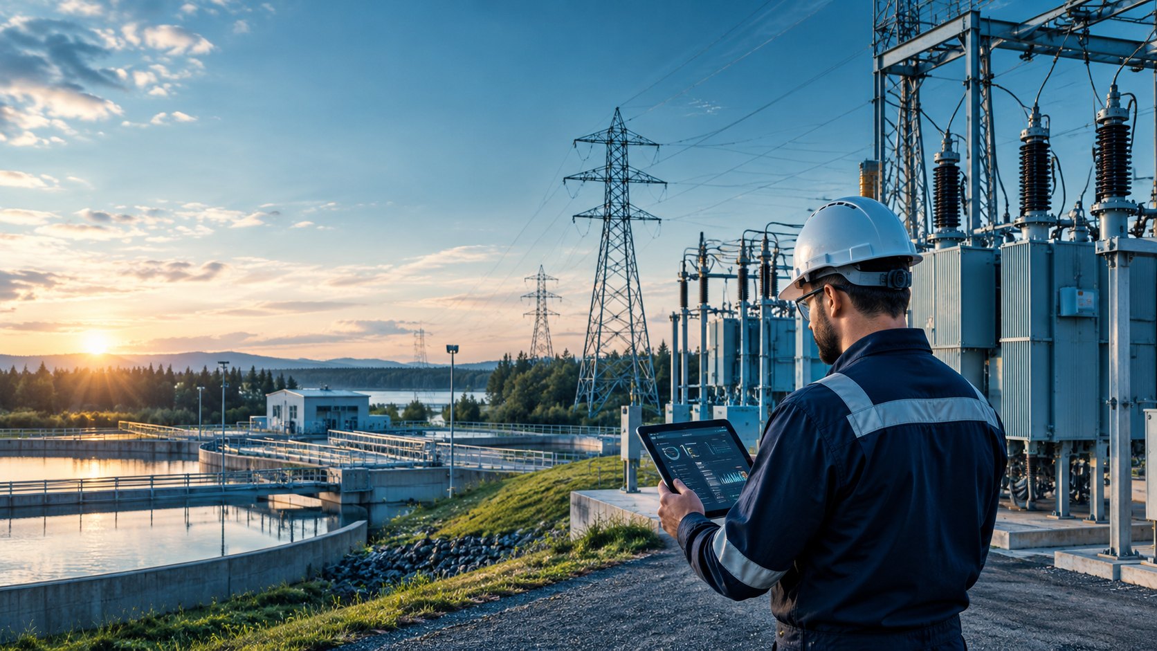 CMMS for utilities in Canada: a technician with a tablet at a substation beside a water treatment plant