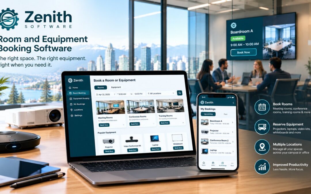 Equipment booking software in Zenith: booking rooms, projectors, laptops and video kits on a laptop and phone
