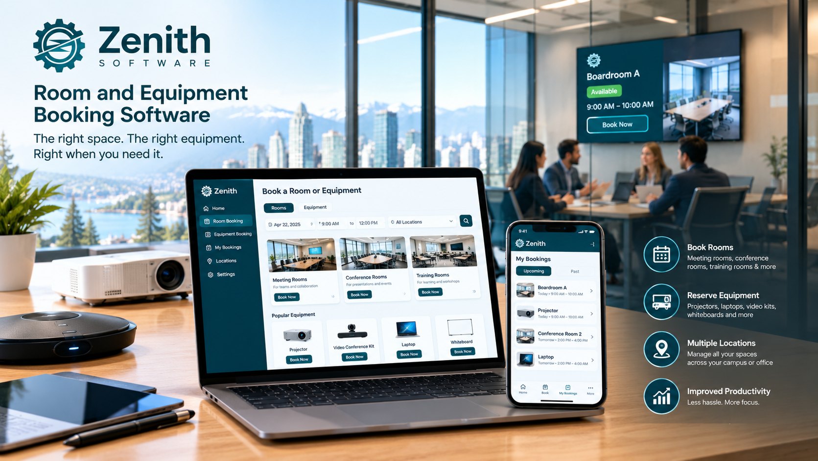 Equipment booking software in Zenith: booking rooms, projectors, laptops and video kits on a laptop and phone