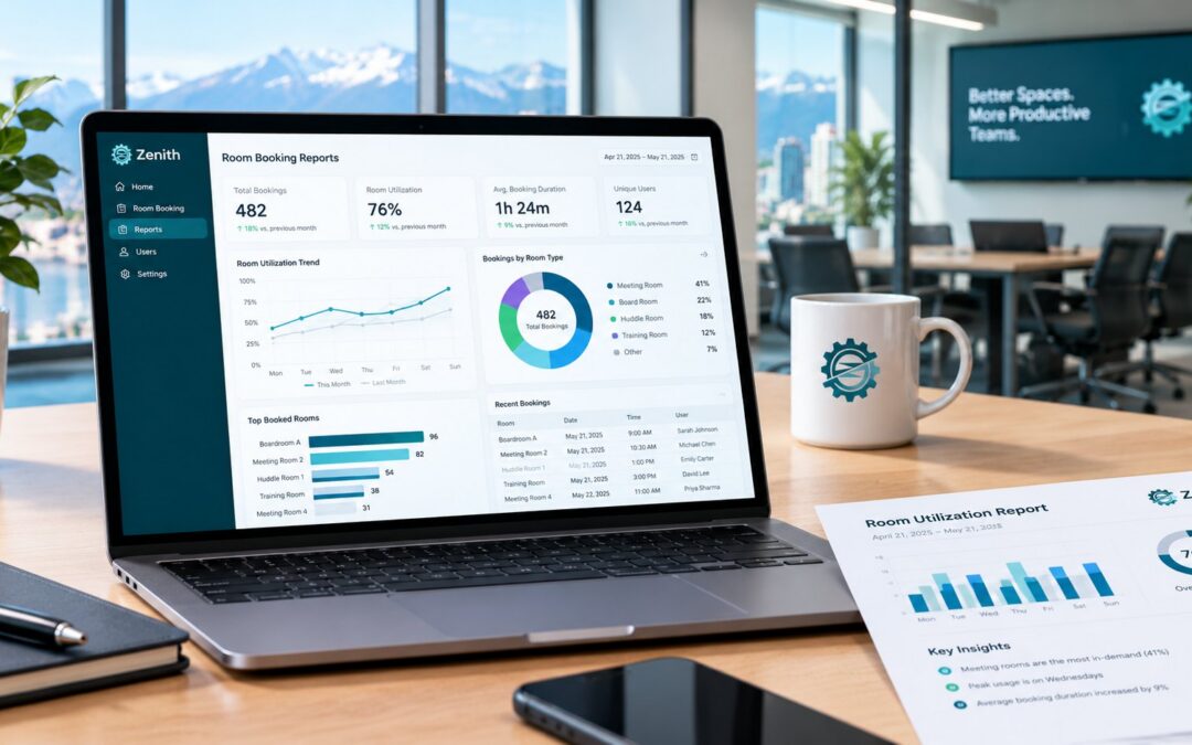 Room booking reports in Zenith: utilization, bookings by room type and top booked rooms on a laptop