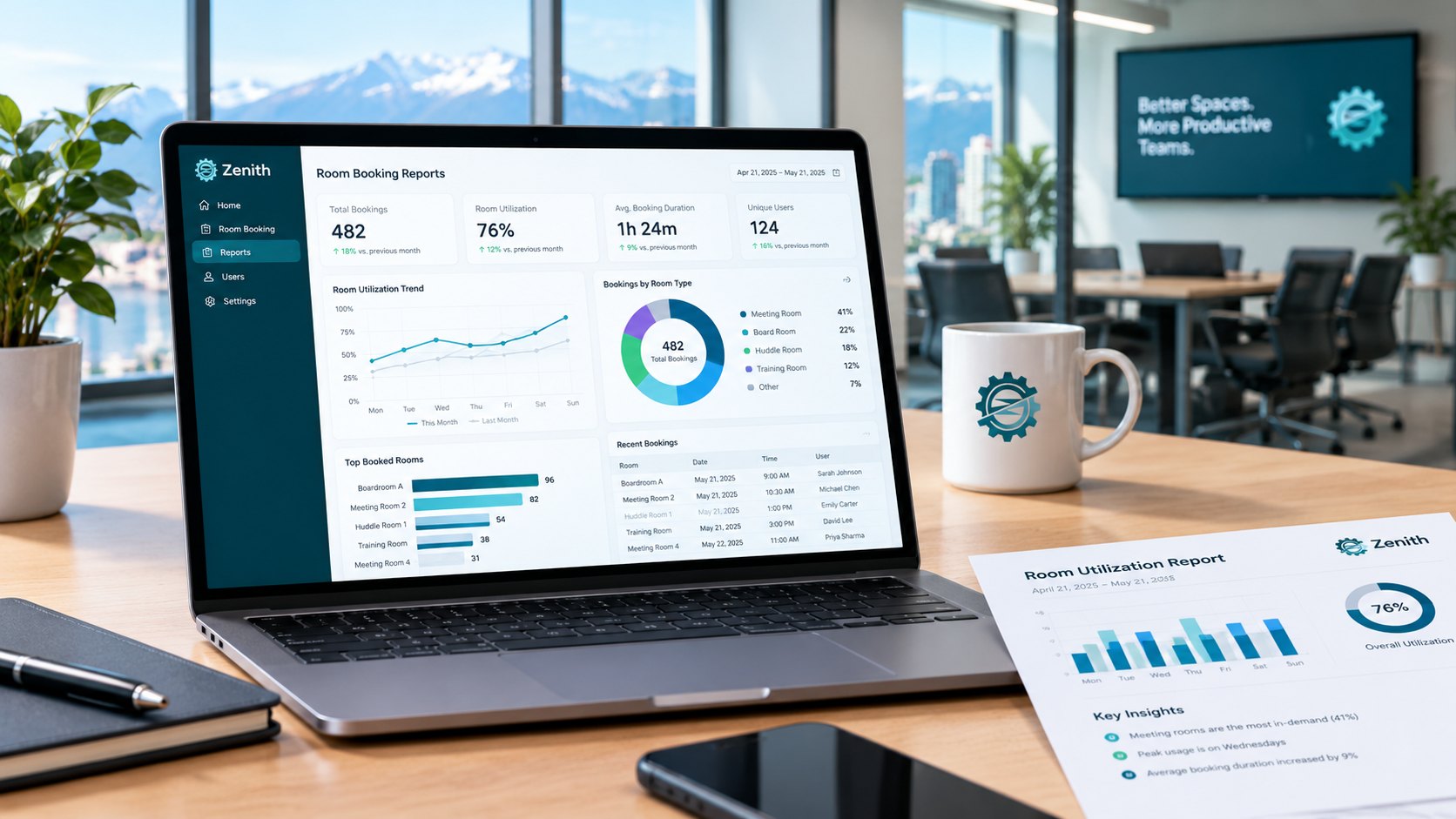 Room booking reports in Zenith: utilization, bookings by room type and top booked rooms on a laptop