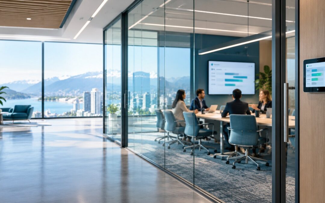 Room booking software in Canada: a glass-walled meeting room with a booking display beside the door