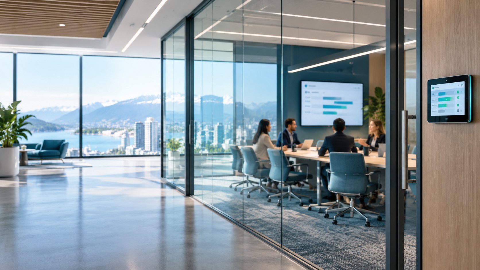 Room booking software in Canada: a glass-walled meeting room with a booking display beside the door
