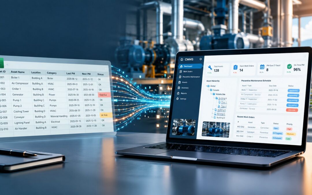 Maintenance spreadsheet data flowing into the Zenith CMMS dashboard with asset hierarchy and PM schedule
