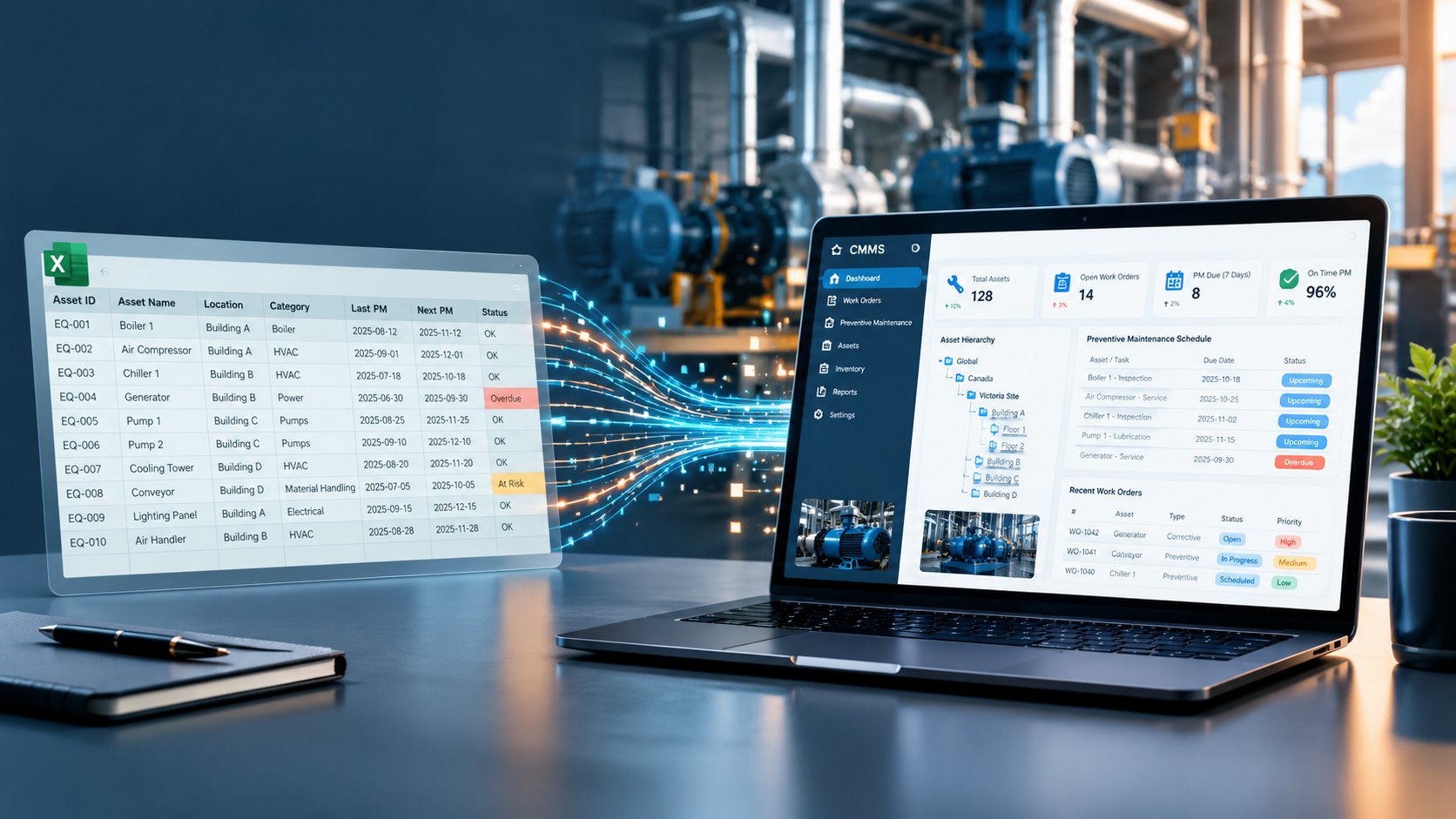 Maintenance spreadsheet data flowing into the Zenith CMMS dashboard with asset hierarchy and PM schedule